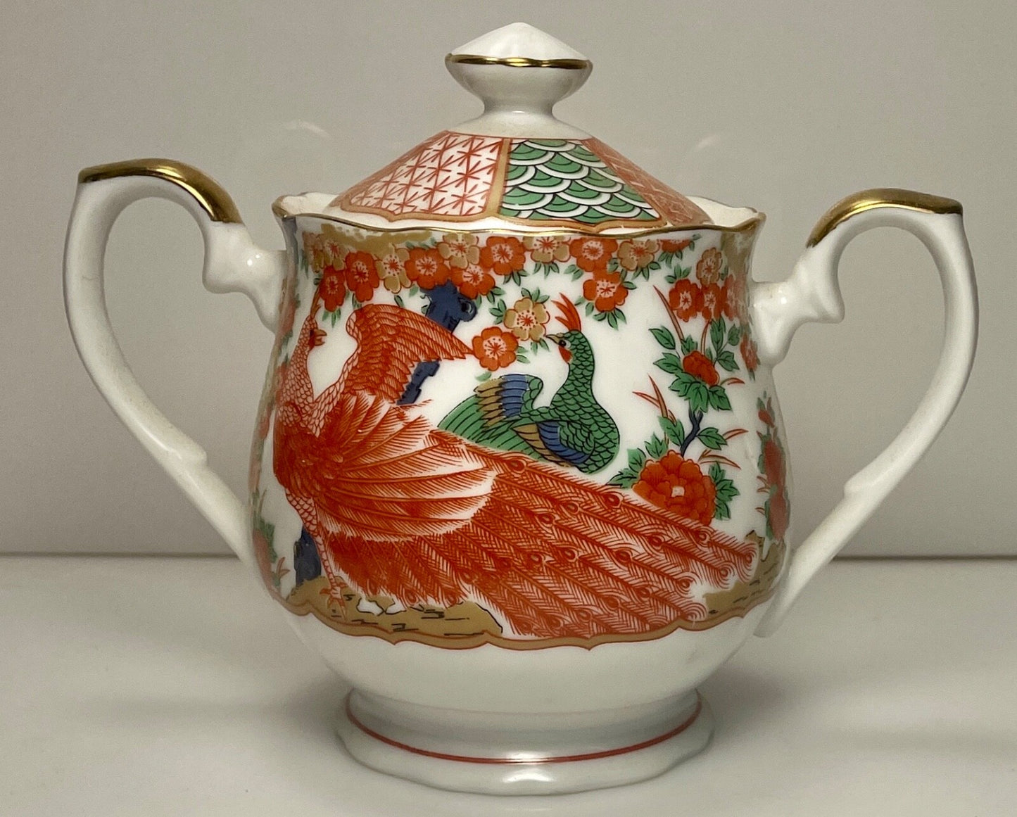Arita Imari Peacock Sugar Bowl and Lid 4 1/8"0
