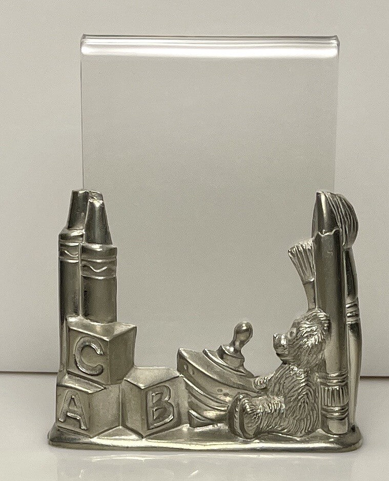 Kirk Stieff Frame Pewter Child Baby Teddy Bear Crayons  4" x 2 5/8"1