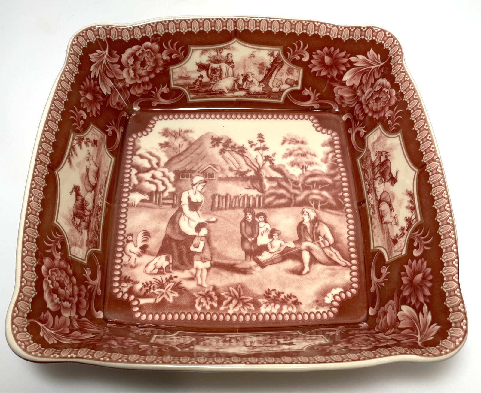 Red Transferware Square Vegetable Bowl Reproduction 8 1/2"1
