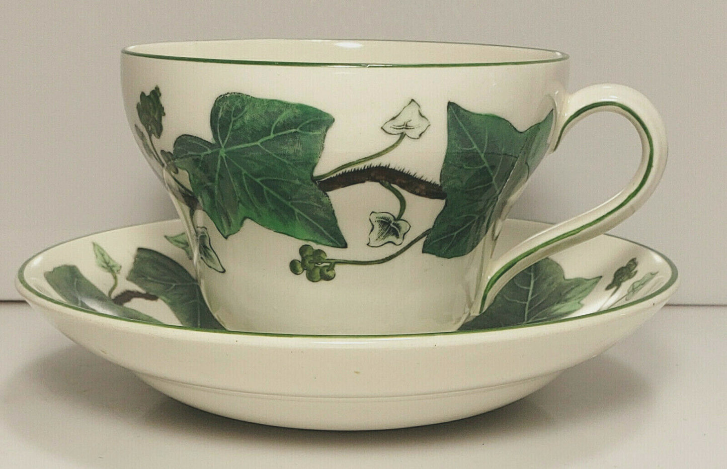 Wedgwood Napoleon Ivy Green Queen's Ware Cup and Saucer Pear Shape0