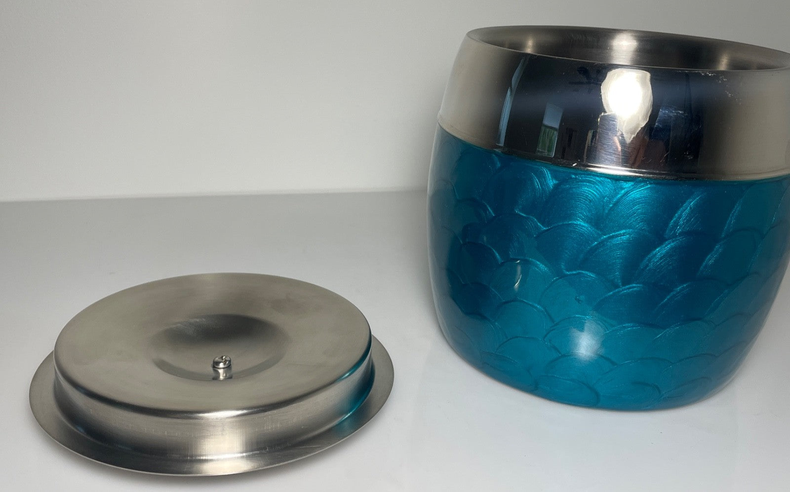Vintage Aluminum Chrome and Turquoise Guilloché Effect Ice Bucket 6 3/4"1