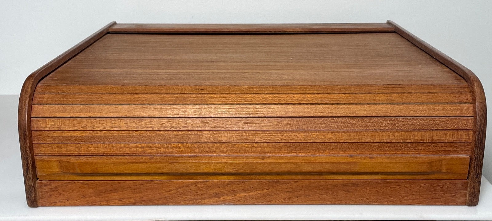 Kalmar Designs Teakwood Tambour Roll Top Storage Box 3 Compartment 14" X 14 3/4"5