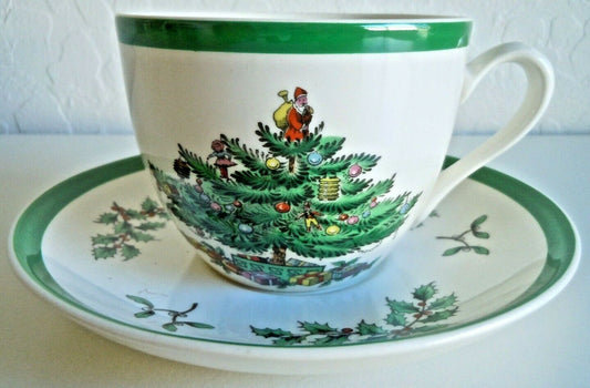 Spode Christmas Tree Cup and Saucer Set Green Trim England0