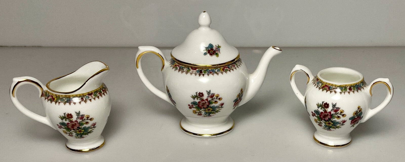 Coalport Ming Rose Miniature Teapot Creamer Sugar Bowl1