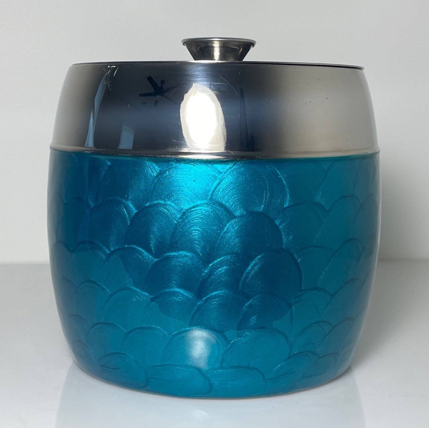 Vintage Aluminum Chrome and Turquoise Guilloché Effect Ice Bucket 6 3/4"0
