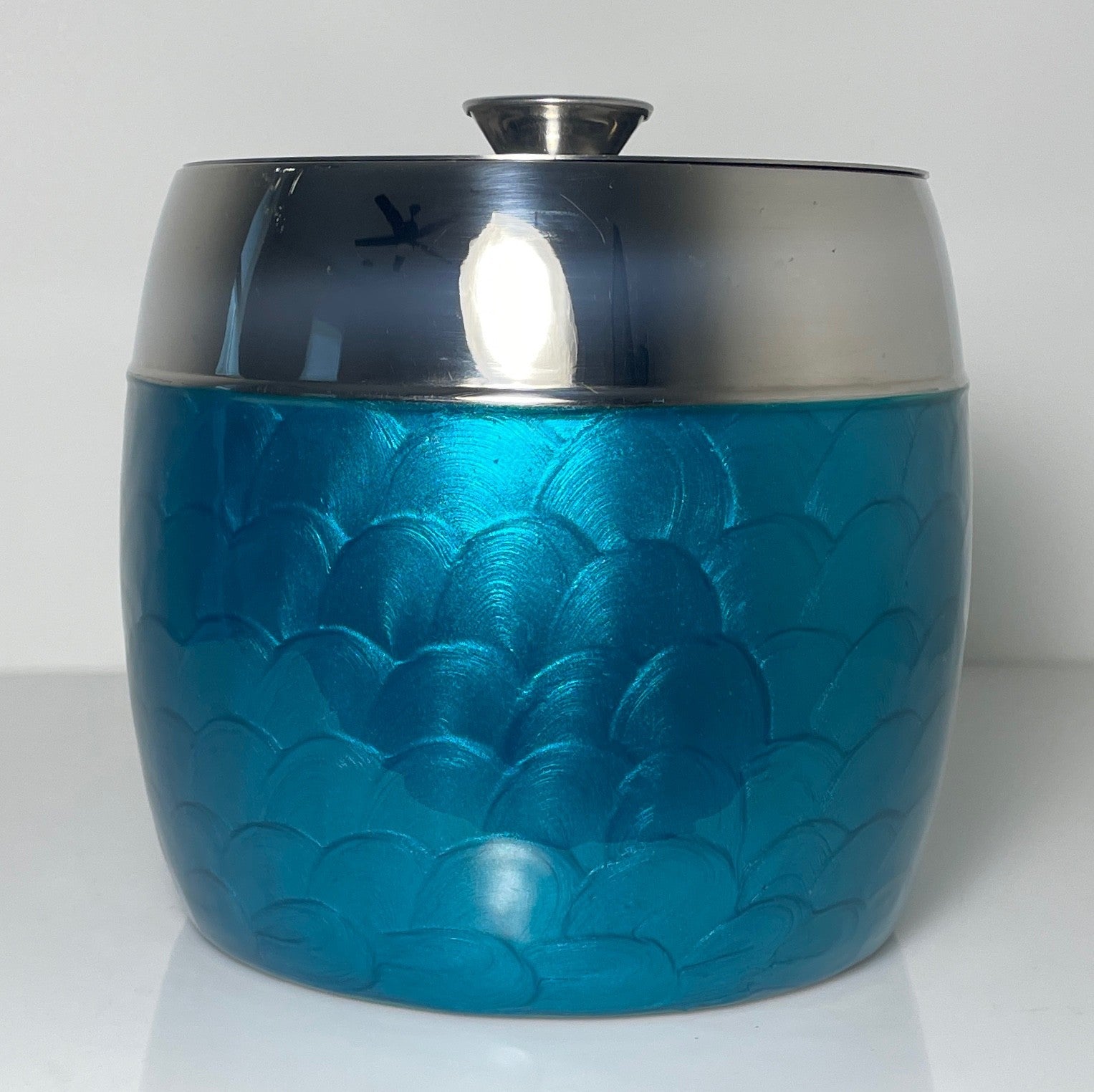Vintage Aluminum Chrome and Turquoise Guilloché Effect Ice Bucket 6 3/4"0