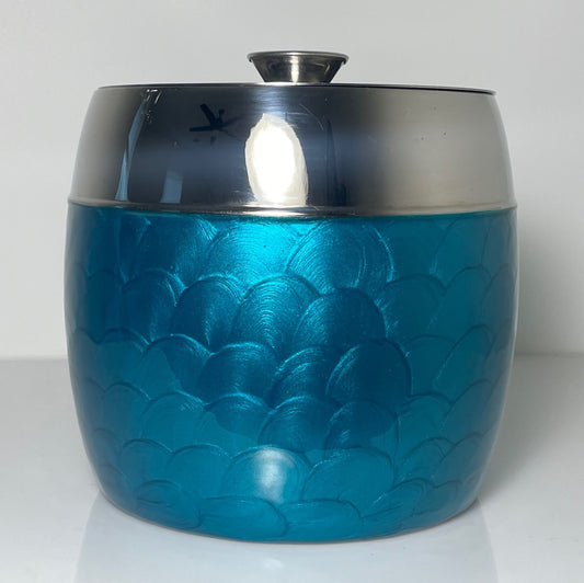 Vintage Aluminum Chrome and Turquoise Guilloché Effect Ice Bucket 6 3/4"0