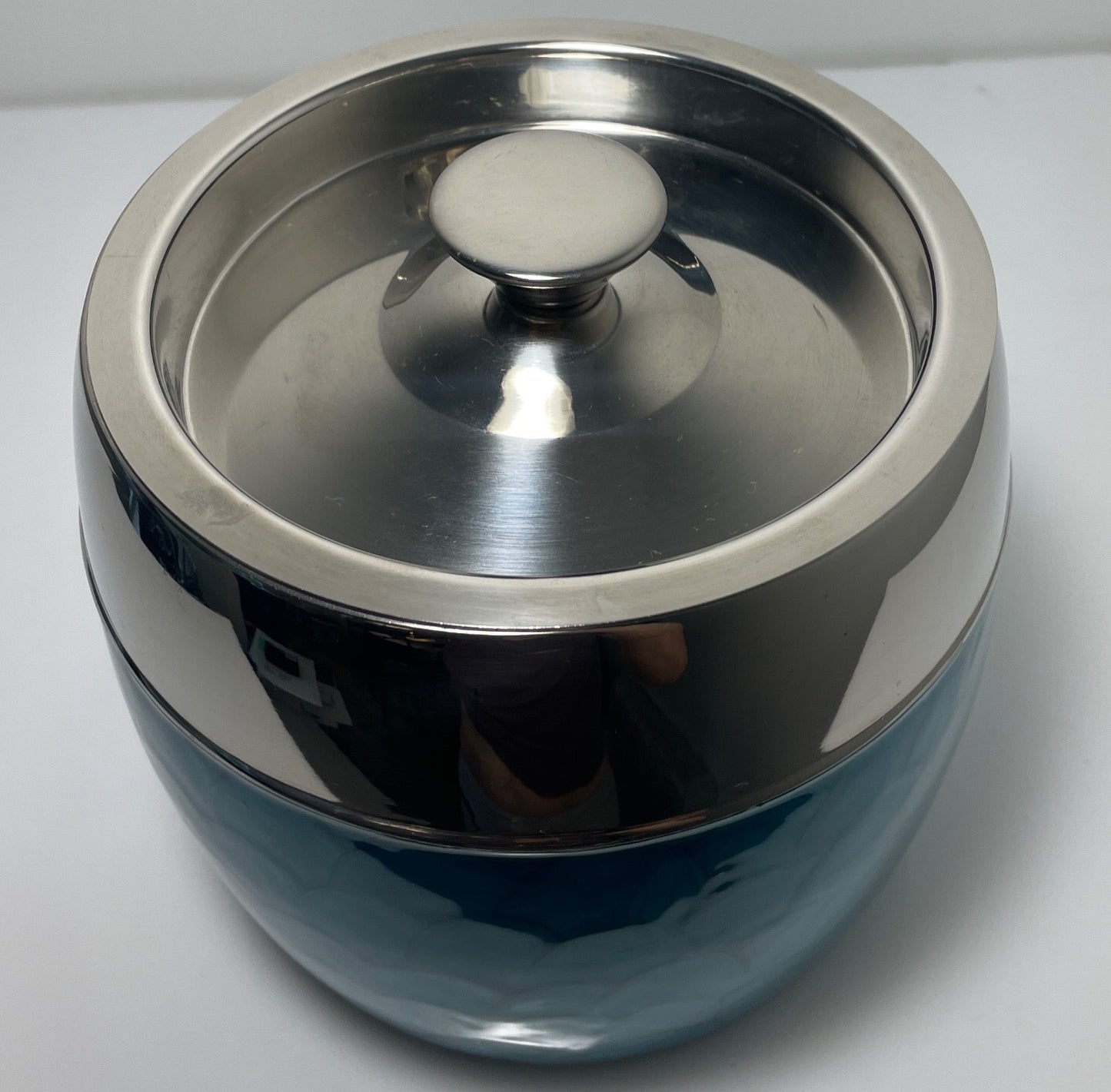 Vintage Aluminum Chrome and Turquoise Guilloché Effect Ice Bucket 6 3/4"3