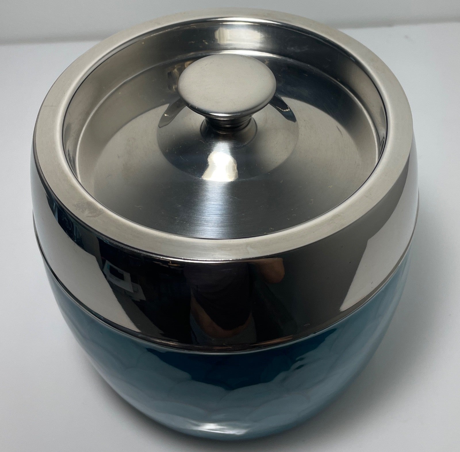 Vintage Aluminum Chrome and Turquoise Guilloché Effect Ice Bucket 6 3/4"3