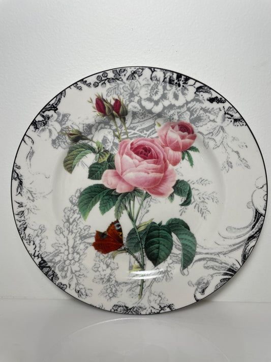 American Atelier Rose Toile Salad Plate 8 1/8" Pink Flowers Butterfly0