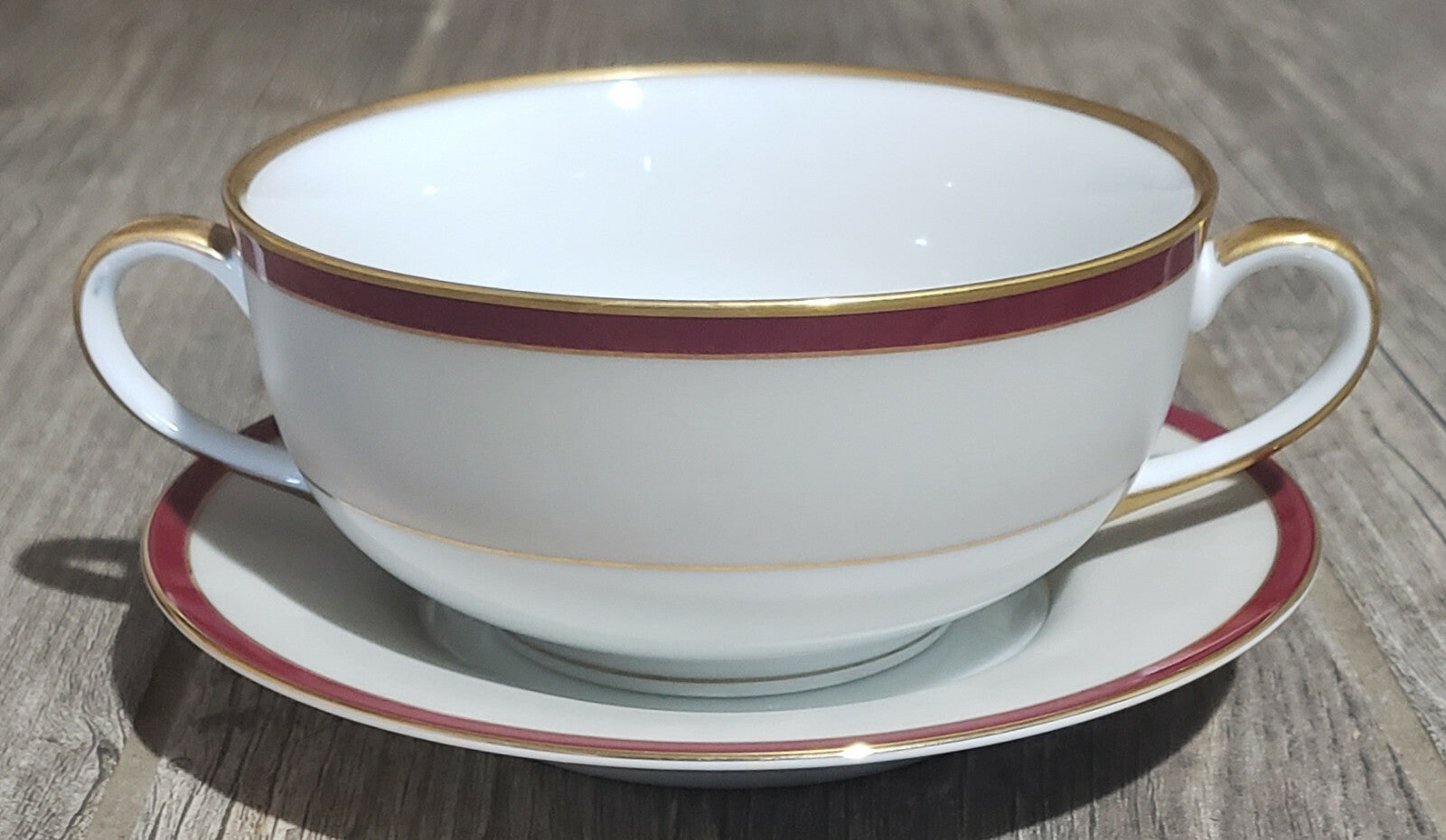 Fitz and Floyd Deauville Burgundy Flat Cream Soup and Saucer Set0