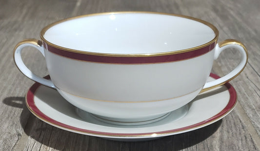 Fitz and Floyd Deauville Burgundy Flat Cream Soup and Saucer Set0
