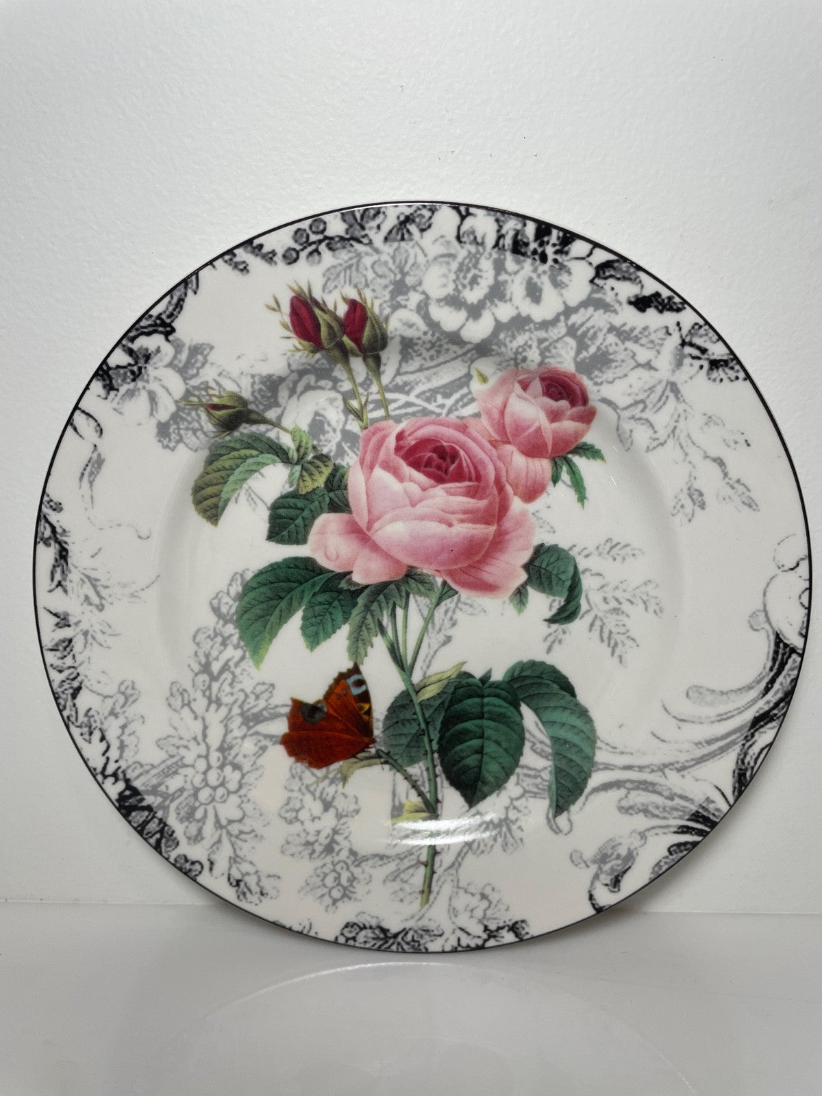 American Atelier Rose Toile Salad Plate 8 1/8" Pink Flowers Butterfly0