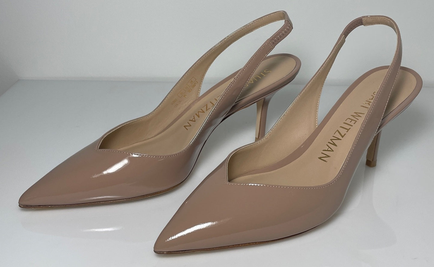 Stuart Weitzman Taupe Patent Slingback Pumps Pointed Toe Heels 8B3