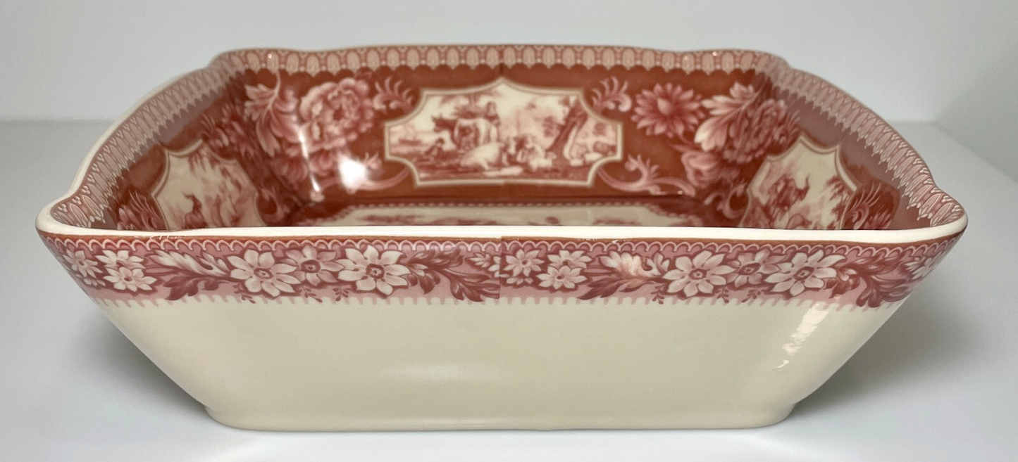 Red Transferware Square Vegetable Bowl Reproduction 8 1/2"2