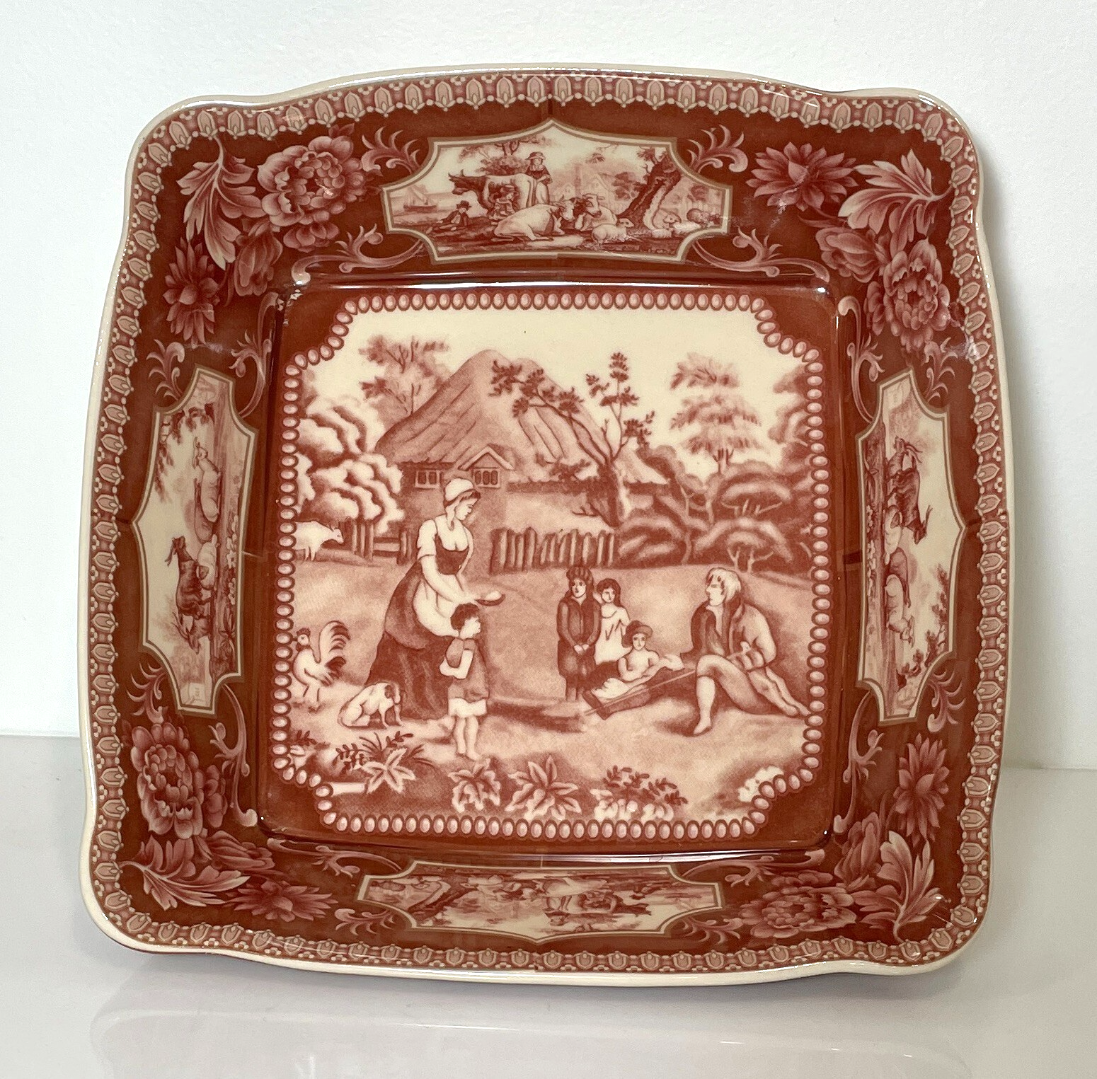 Red Transferware Square Vegetable Bowl Reproduction 8 1/2"0