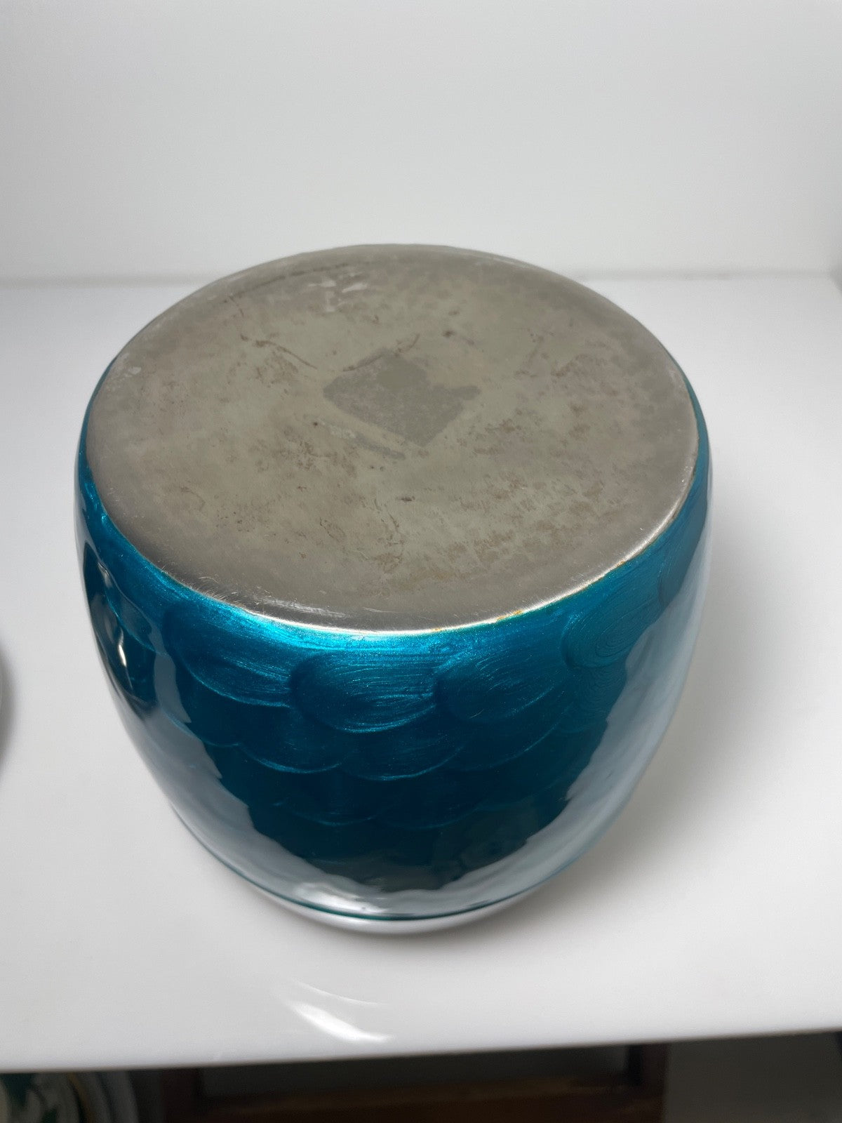 Vintage Aluminum Chrome and Turquoise Guilloché Effect Ice Bucket 6 3/4"4